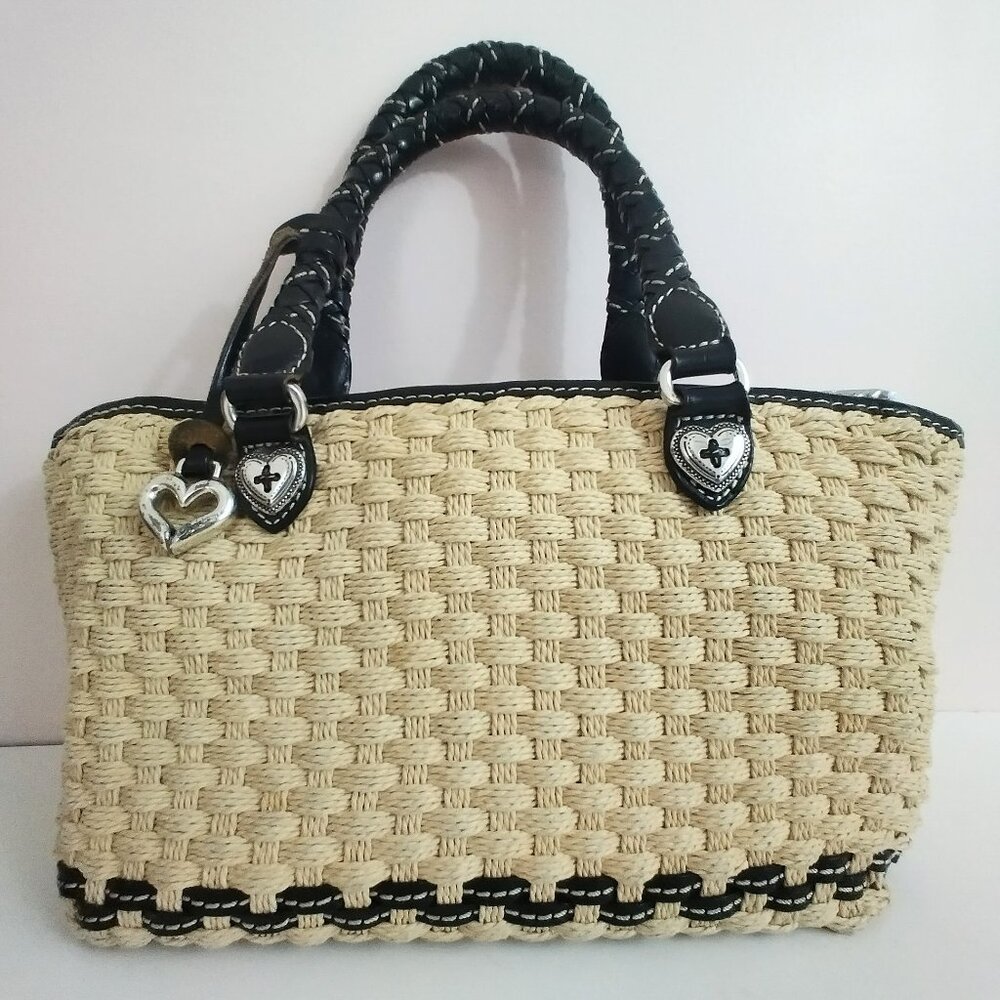 Brighton Woven Purse Natural Straw and Black Leather Heart Medallion Fob